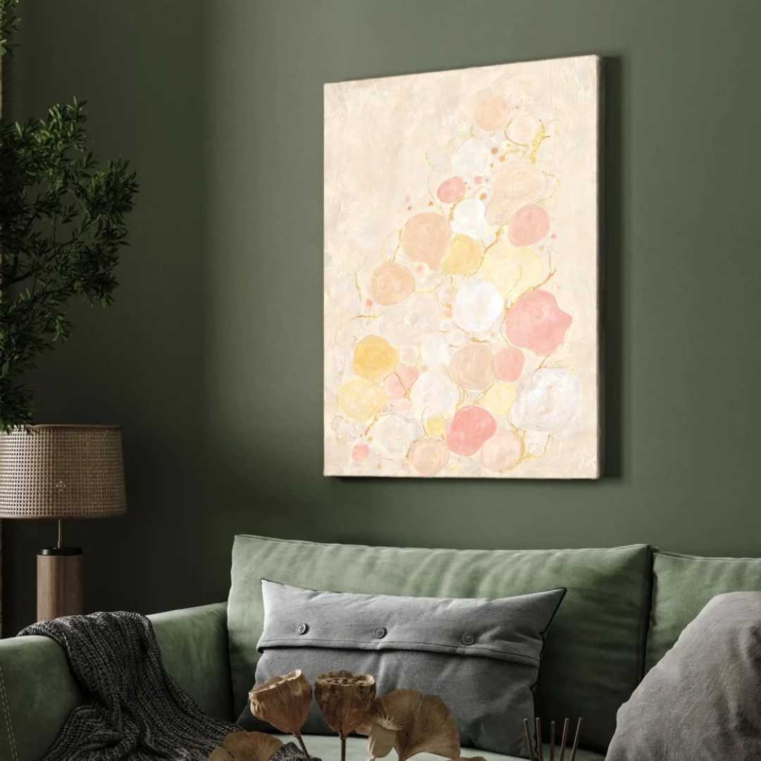 Minimalist Pastel Bubbles & Gold Leaf Painting | Vertical Modern Boho White Framed Wall Art 3 : 4 Vertical Premium Wall Art Canvas by MeriDeewar
