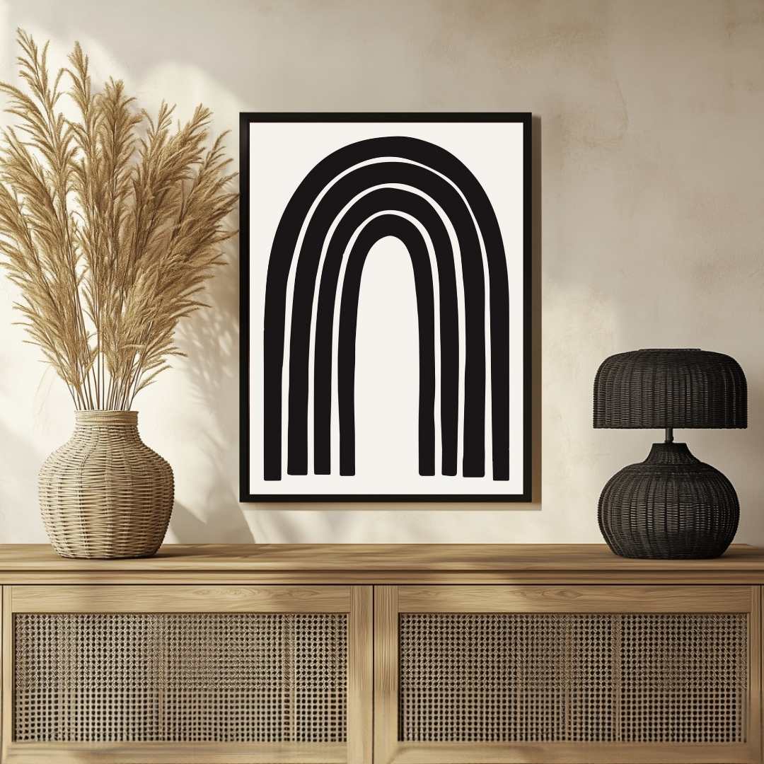 Minimalist Rainbow Arch Poster | Vertical Contemporary Boho White Framed Wall Art 2 : 3 Vertical Premium Wall Art Canvas by MeriDeewar