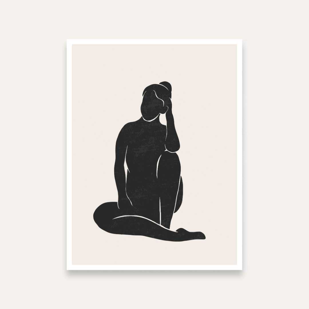 Minimalist Woman Silhouette Wall Painting for Bedroom | Black & Beige Abstract Art Print 4 X 5.5 Vertical Premium Wall Art Canvas by MeriDeewar