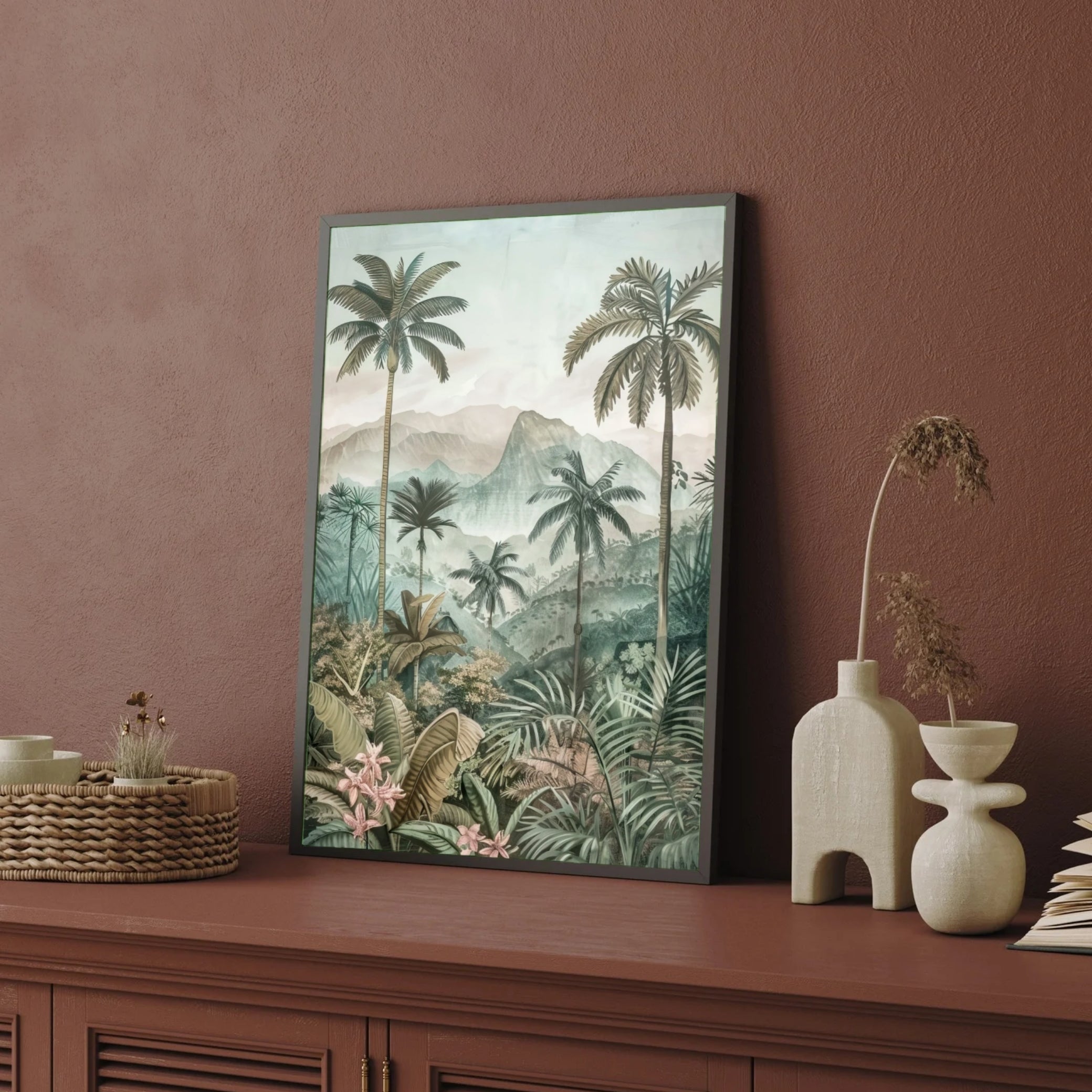 Misty Tropical Mountains – Serene Jungle Landscape Wall Art 2 : 3 Vertical Premium Wall Art Canvas by MeriDeewar