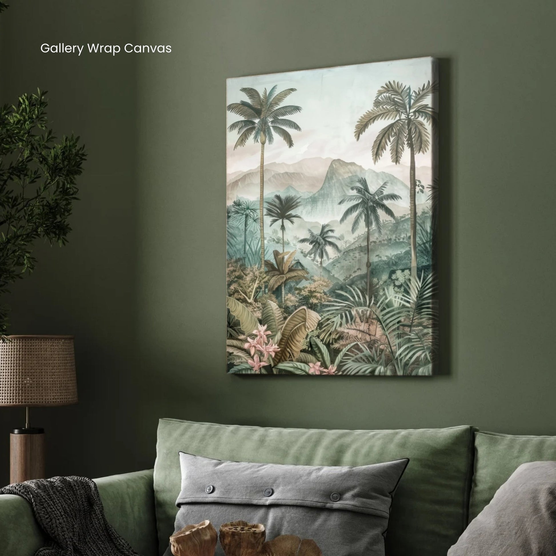 Misty Tropical Mountains – Serene Jungle Landscape Wall Art 2 : 3 Vertical Premium Wall Art Canvas by MeriDeewar