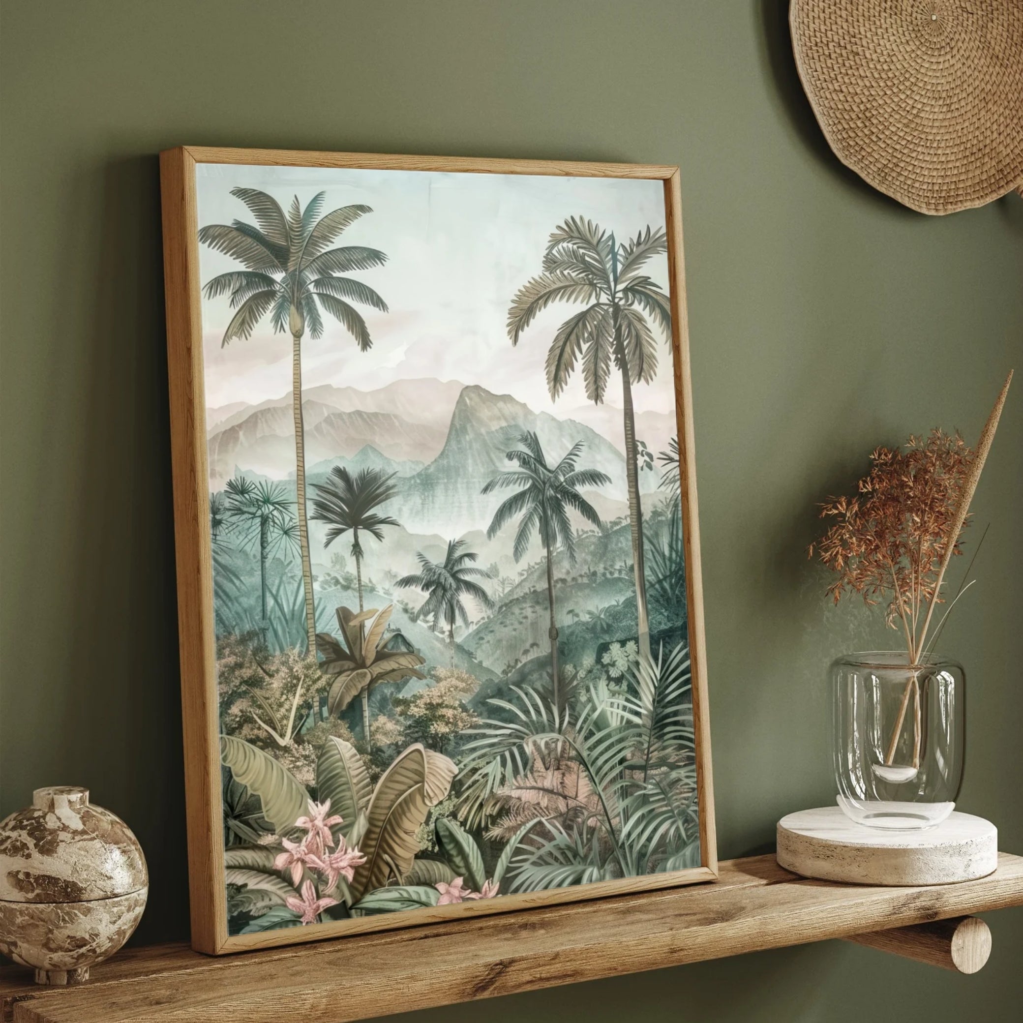 Misty Tropical Mountains – Serene Jungle Landscape Wall Art 2 : 3 Vertical Premium Wall Art Canvas by MeriDeewar