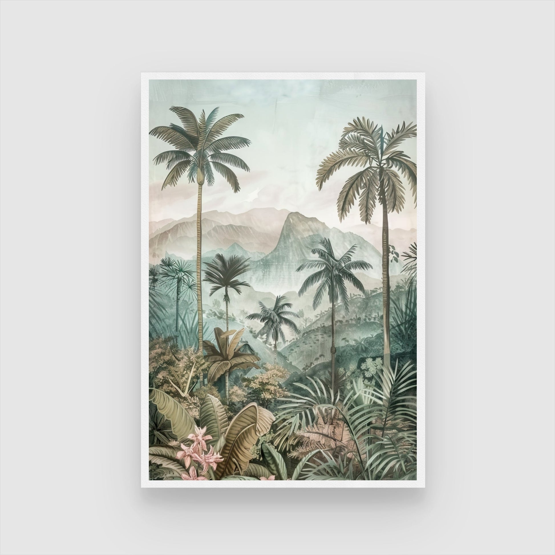Misty Tropical Mountains – Serene Jungle Landscape Wall Art 2 : 3 Vertical Premium Wall Art Canvas by MeriDeewar