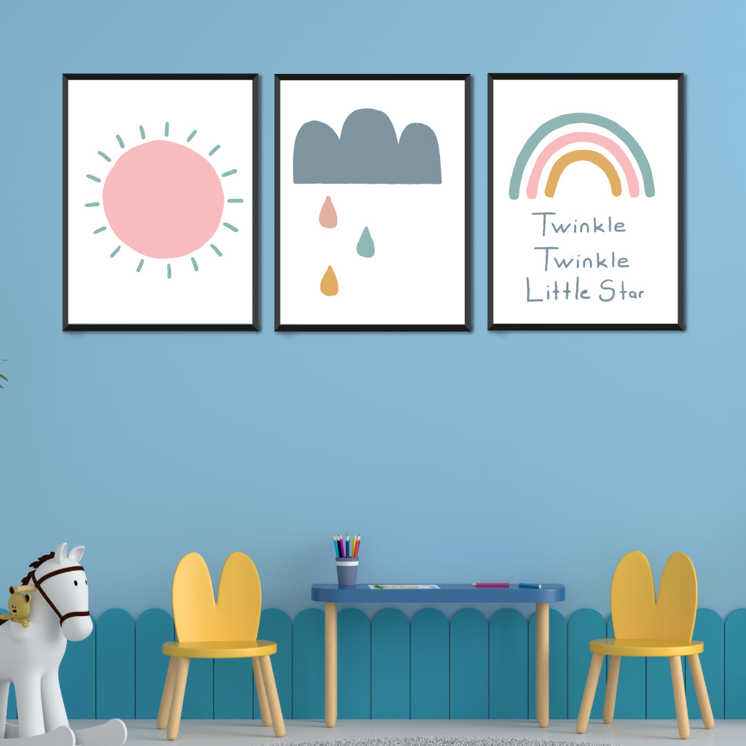 Modern Abstract Watercolor Rainbow Sun Clouds Rain Wall Art Painting Set of 3 Walls Premium Wall Art Canvas by MeriDeewar
