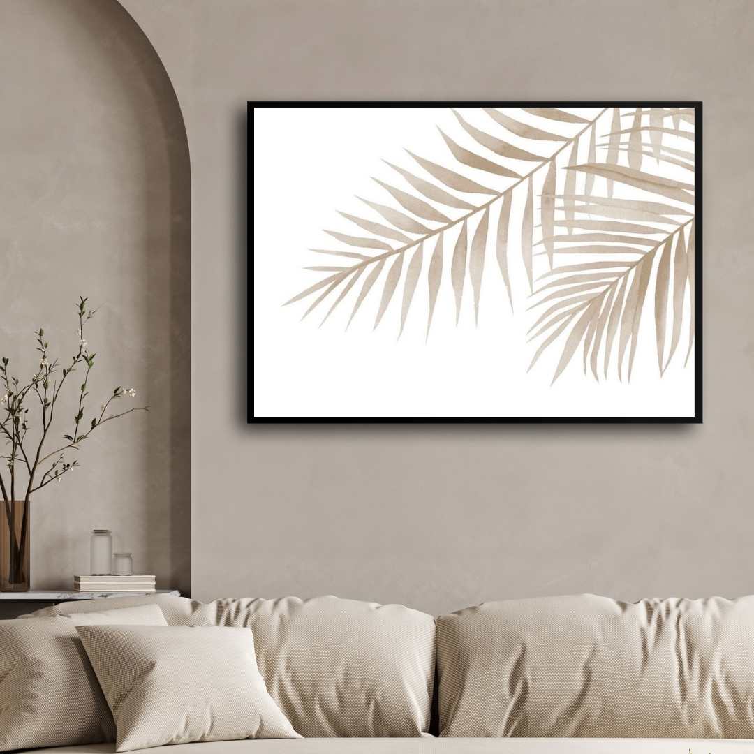 Modern Minimalist Watercolor Palm Leaves Poster | Horizontal Contemporary Boho White Framed Wall Art 2 : 3 Horizontal Premium Wall Art Canvas by MeriDeewar