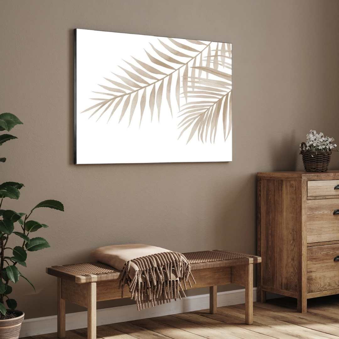 Modern Minimalist Watercolor Palm Leaves Poster | Horizontal Contemporary Boho White Framed Wall Art 2 : 3 Horizontal Premium Wall Art Canvas by MeriDeewar