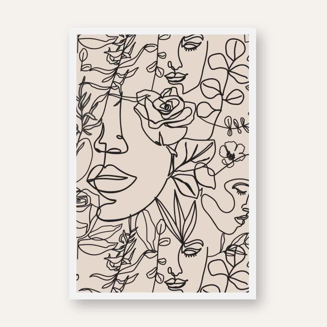 Modern Scandinavian Minimalist Botanical Faces Line Art Poster | Vertical Contemporary Boho White Framed Wall Art 2 : 3 Vertical Premium Wall Art Canvas by MeriDeewar