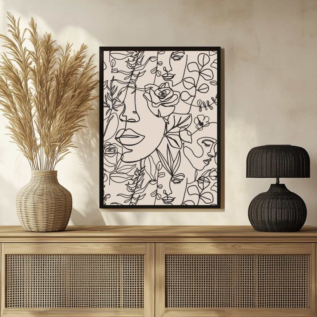 Modern Scandinavian Minimalist Botanical Faces Line Art Poster | Vertical Contemporary Boho White Framed Wall Art 2 : 3 Vertical Premium Wall Art Canvas by MeriDeewar