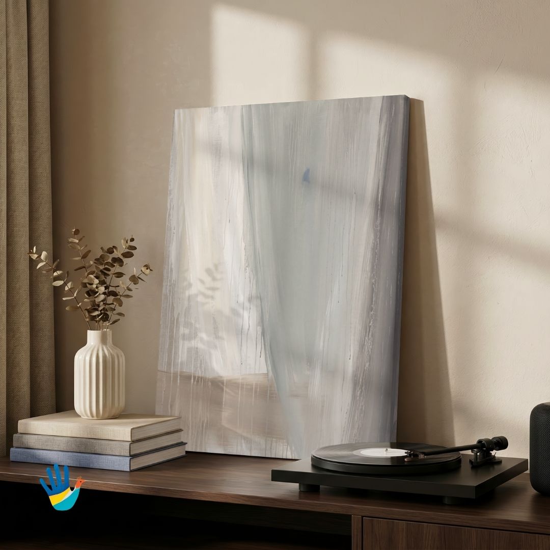 Monsoon Linen | Soft Grey Tonal Abstract Wall Art 3 : 4 Vertical Premium Wall Art Canvas by MeriDeewar