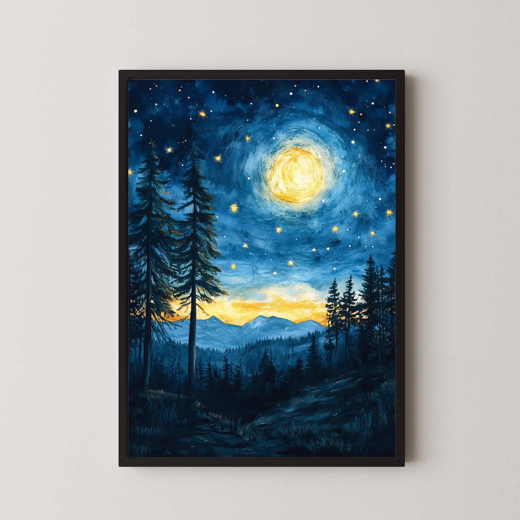 Moon over the Mountains – Calm Night Wall Art 2 : 3 Vertical Premium Wall Art Canvas by MeriDeewar