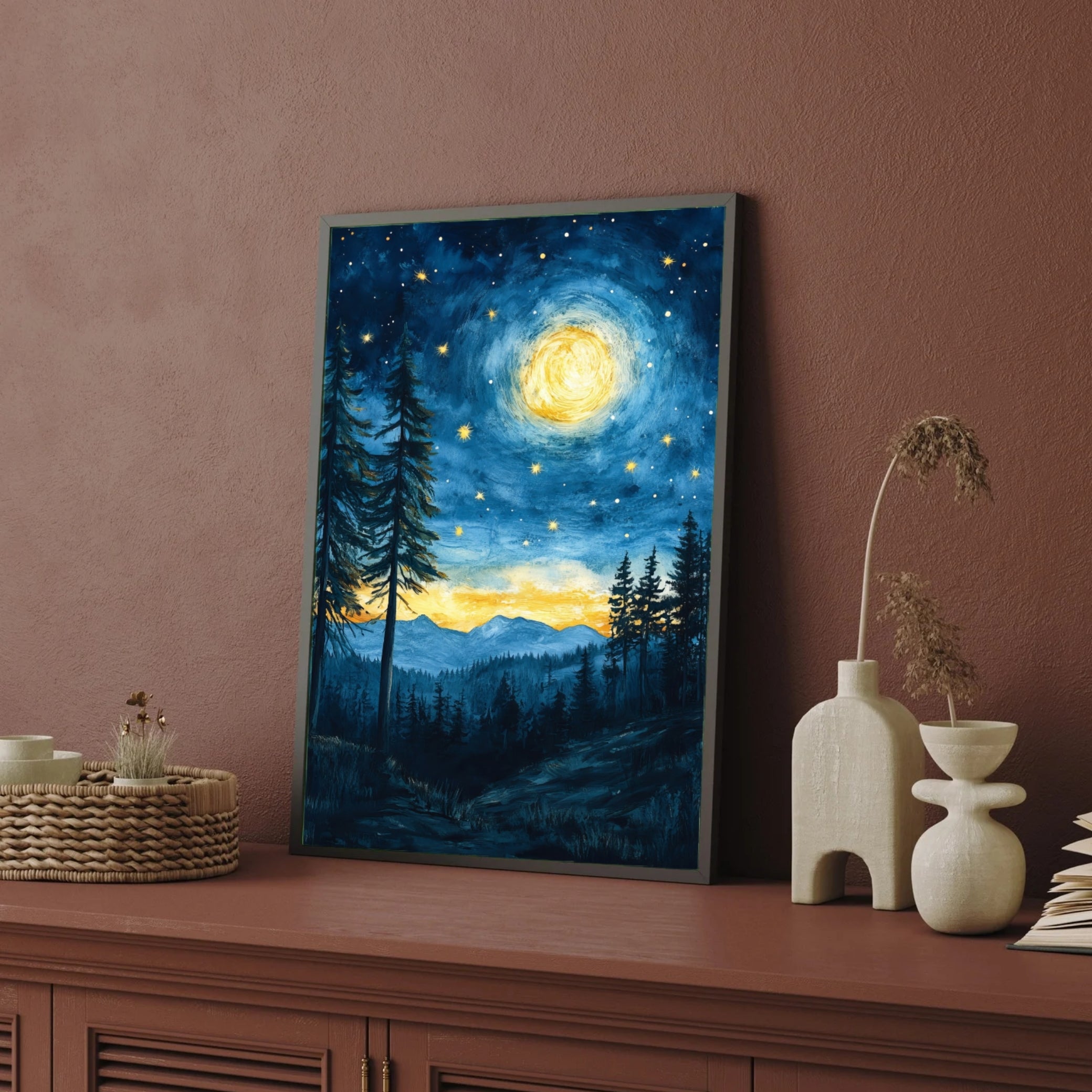Moon over the Mountains – Calm Night Wall Art 2 : 3 Vertical Premium Wall Art Canvas by MeriDeewar