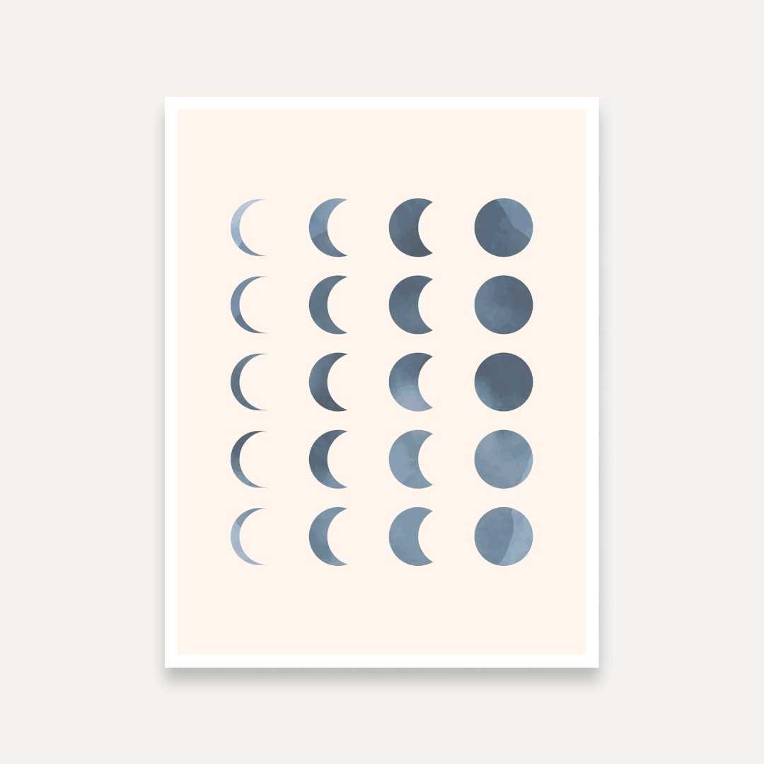 Moon Phases Wall Painting for Bedroom | Boho Blue Celestial Art Print 3 : 4 Vertical Premium Wall Art Canvas by MeriDeewar