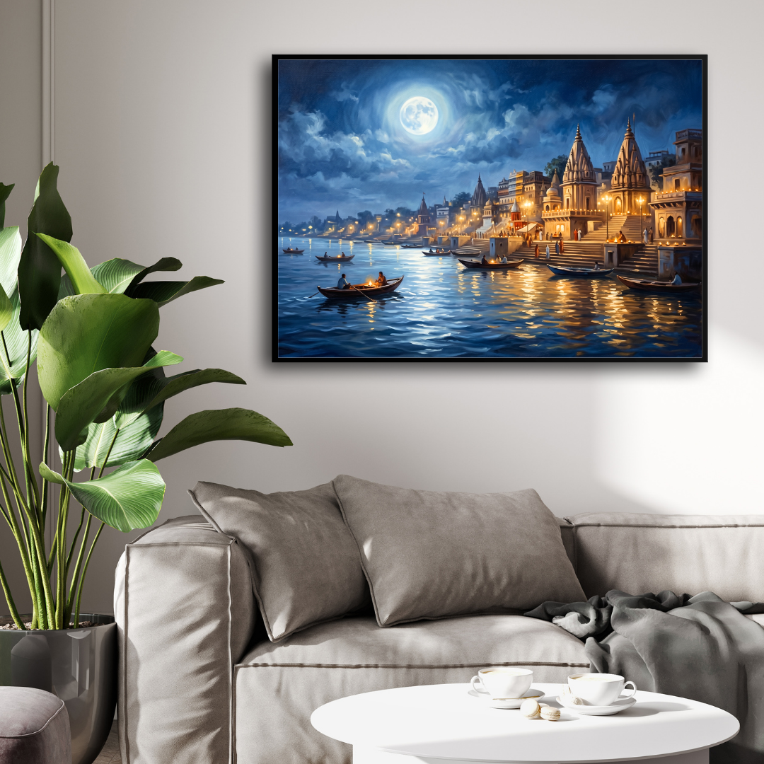 Moonlight  Varanasi Ghats Wall Art | Panoramic Oil Painting Framed Print 2 : 3 Horizontal Premium Wall Art Canvas by MeriDeewar