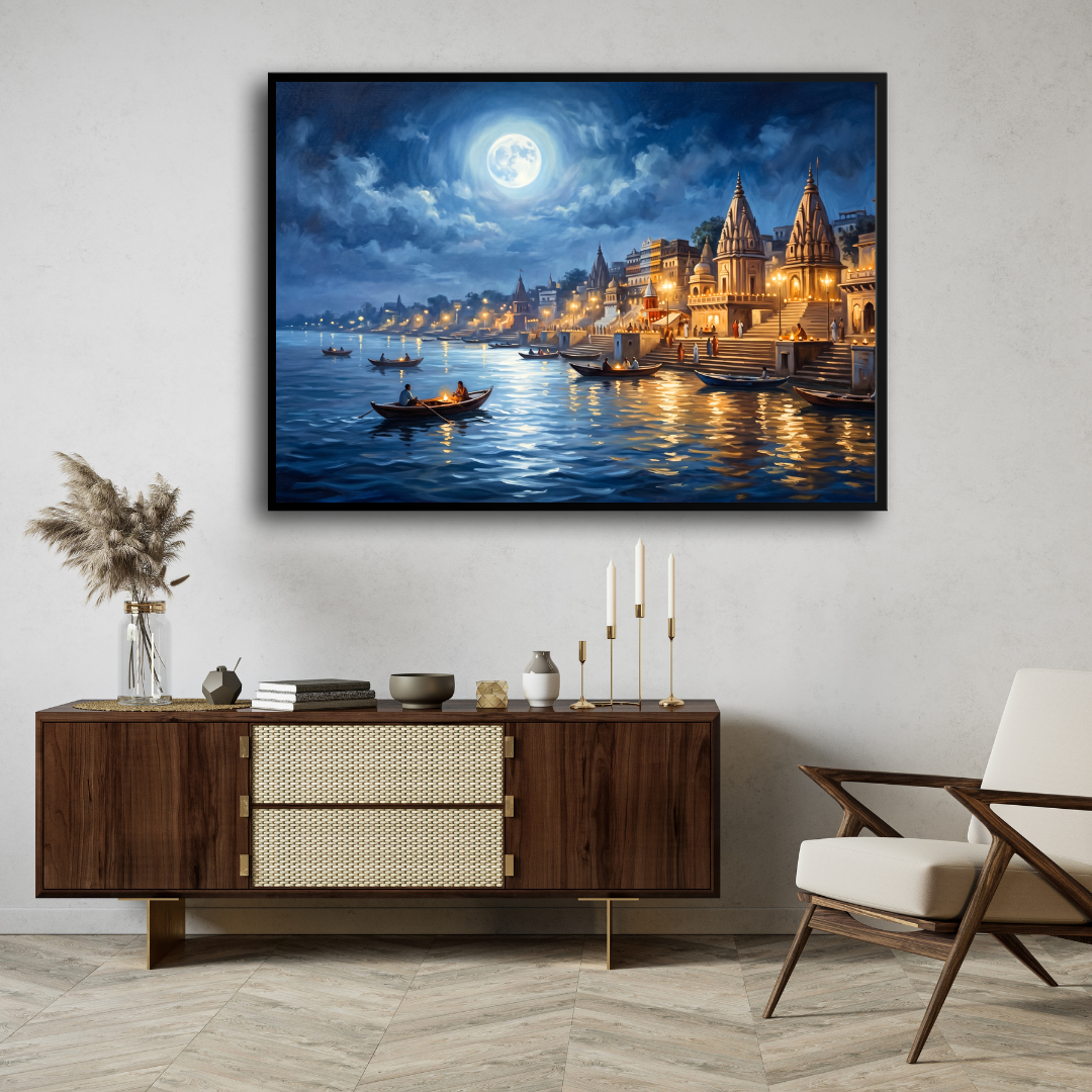 Moonlight  Varanasi Ghats Wall Art | Panoramic Oil Painting Framed Print 2 : 3 Horizontal Premium Wall Art Canvas by MeriDeewar