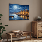 Moonlight  Varanasi Ghats Wall Art | Panoramic Oil Painting Framed Print 2 : 3 Horizontal Premium Wall Art Canvas by MeriDeewar