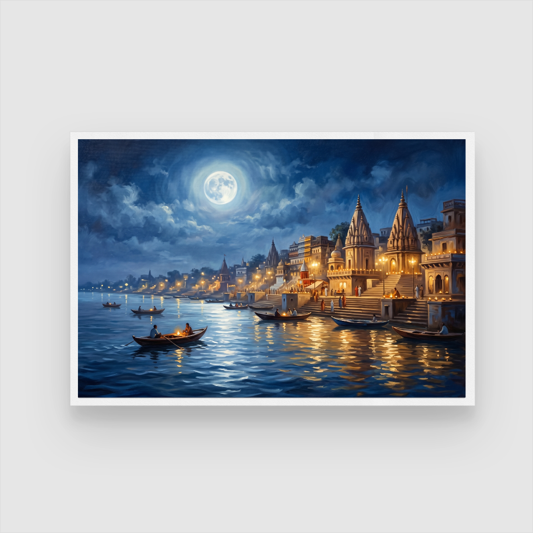 Moonlight  Varanasi Ghats Wall Art | Panoramic Oil Painting Framed Print 2 : 3 Horizontal Premium Wall Art Canvas by MeriDeewar