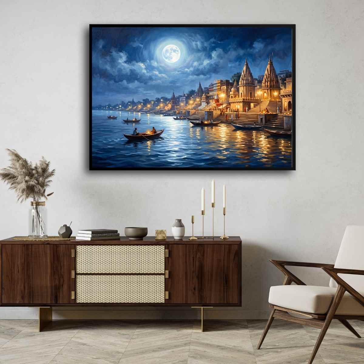 Moonlight  Varanasi Ghats Wall Art | Panoramic Oil Painting Framed Print 2 : 3 Horizontal Premium Wall Art Canvas by MeriDeewar