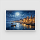 Moonlight  Varanasi Ghats Wall Art | Panoramic Oil Painting Framed Print 2 : 3 Horizontal Premium Wall Art Canvas by MeriDeewar