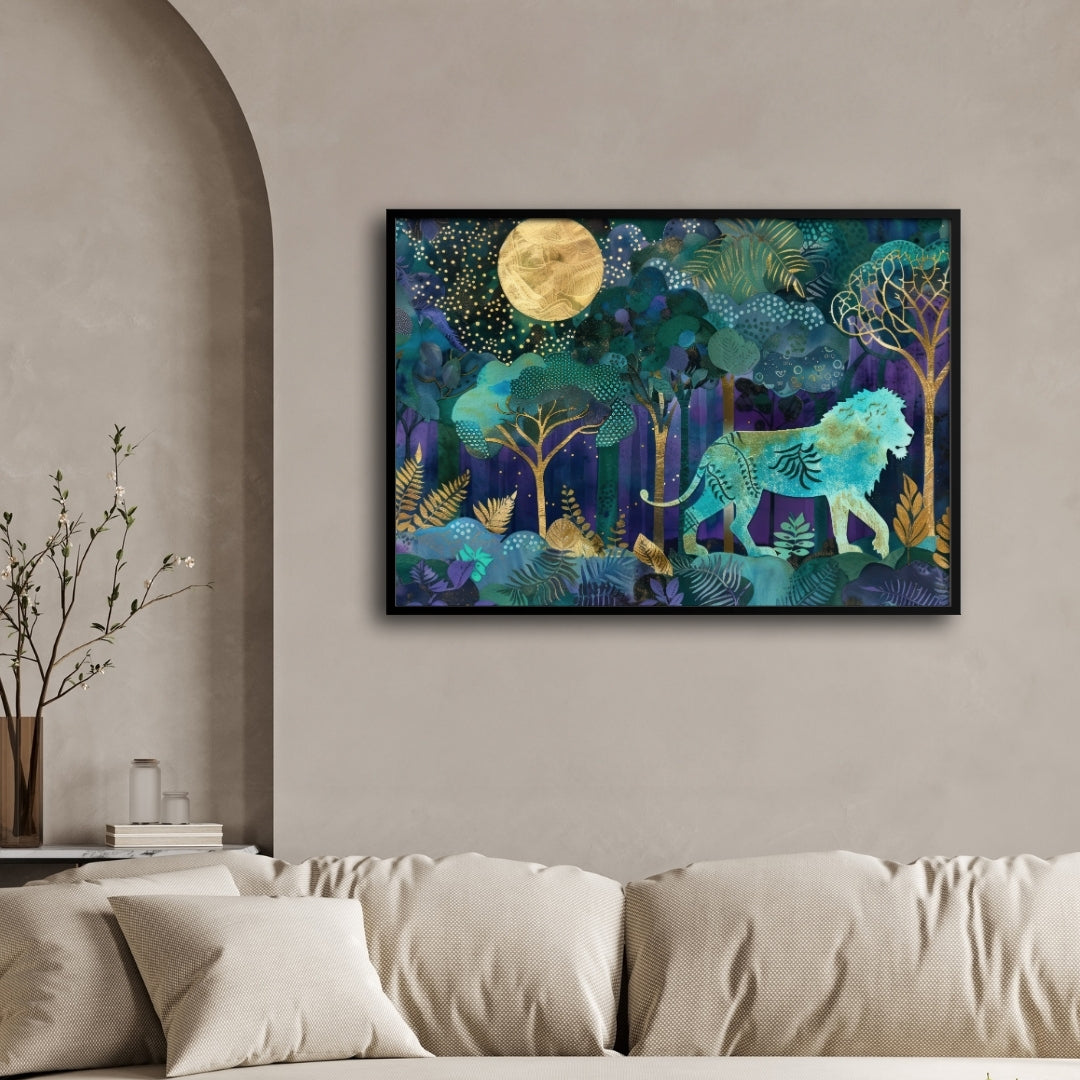 Moonlit Forest King — Lion Canvas Wall Art with Golden Accents 2 : 3 Horizontal Premium Wall Art Canvas by MeriDeewar
