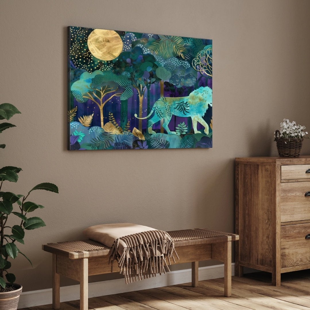 Moonlit Forest King — Lion Canvas Wall Art with Golden Accents 2 : 3 Horizontal Premium Wall Art Canvas by MeriDeewar