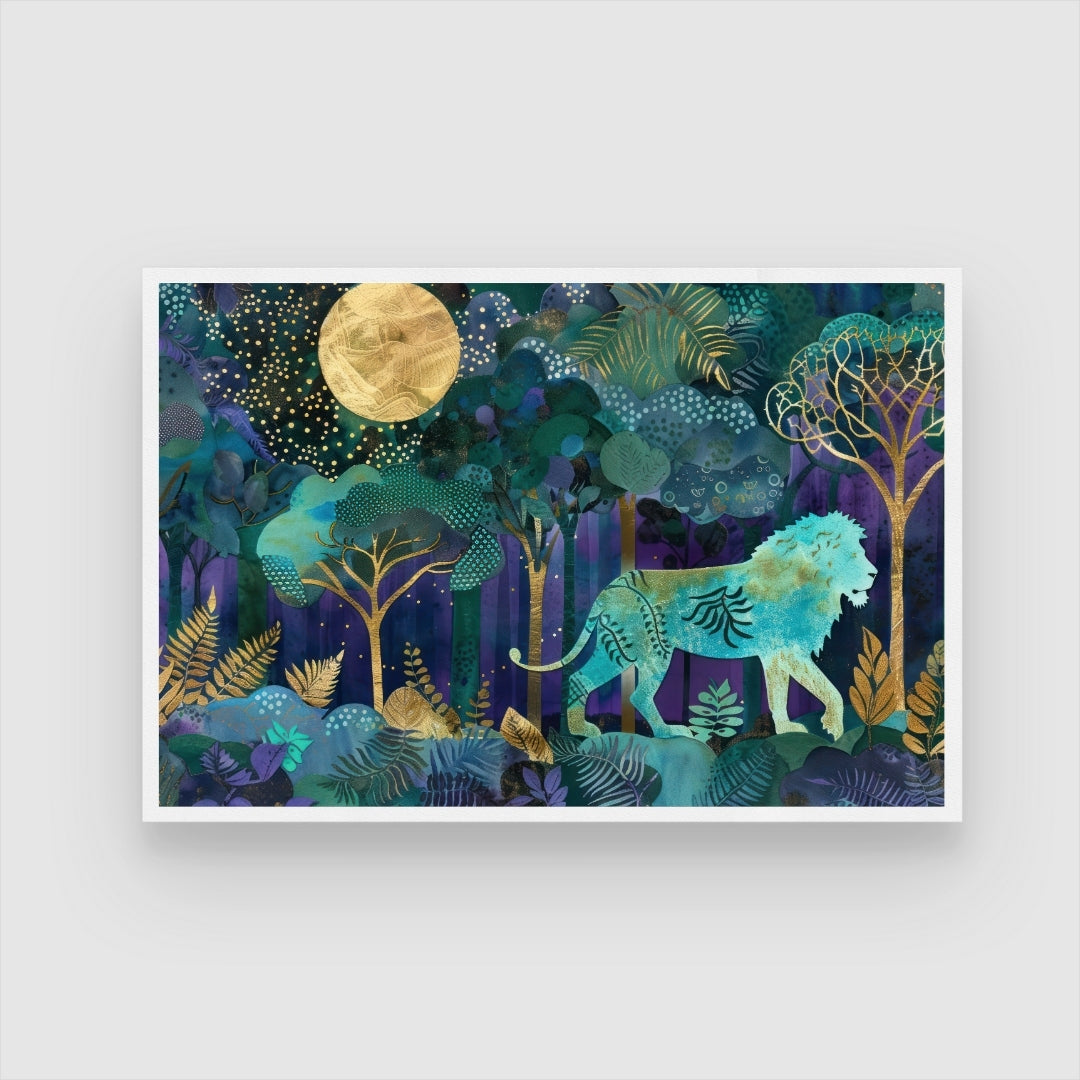 Moonlit Forest King — Lion Canvas Wall Art with Golden Accents 2 : 3 Horizontal Premium Wall Art Canvas by MeriDeewar