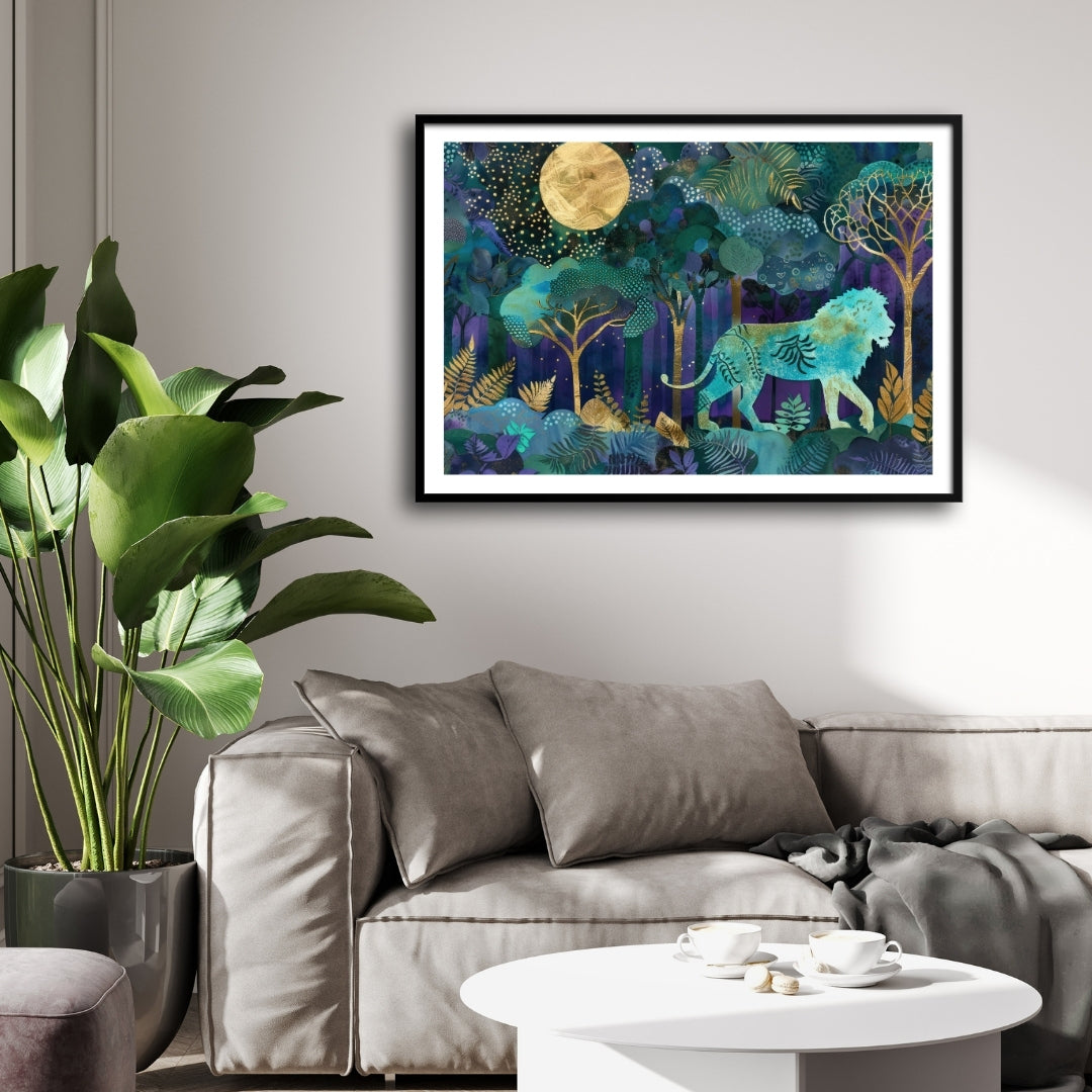 Moonlit Forest King — Lion Canvas Wall Art with Golden Accents 2 : 3 Horizontal Premium Wall Art Canvas by MeriDeewar