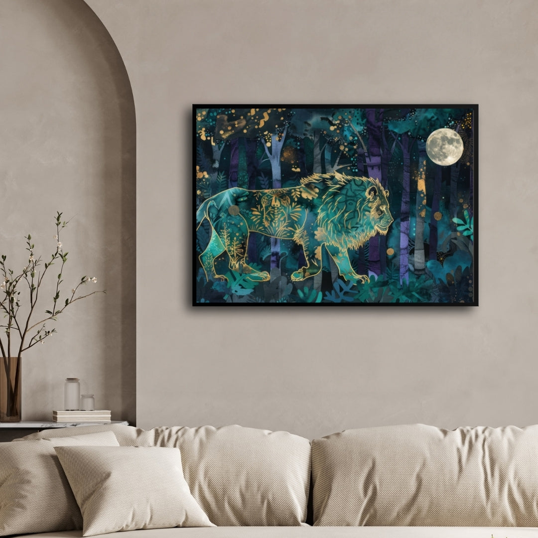 Moonlit Majesty — Lion in Forest Canvas Wall Art 2 : 3 Horizontal Premium Wall Art Canvas by MeriDeewar
