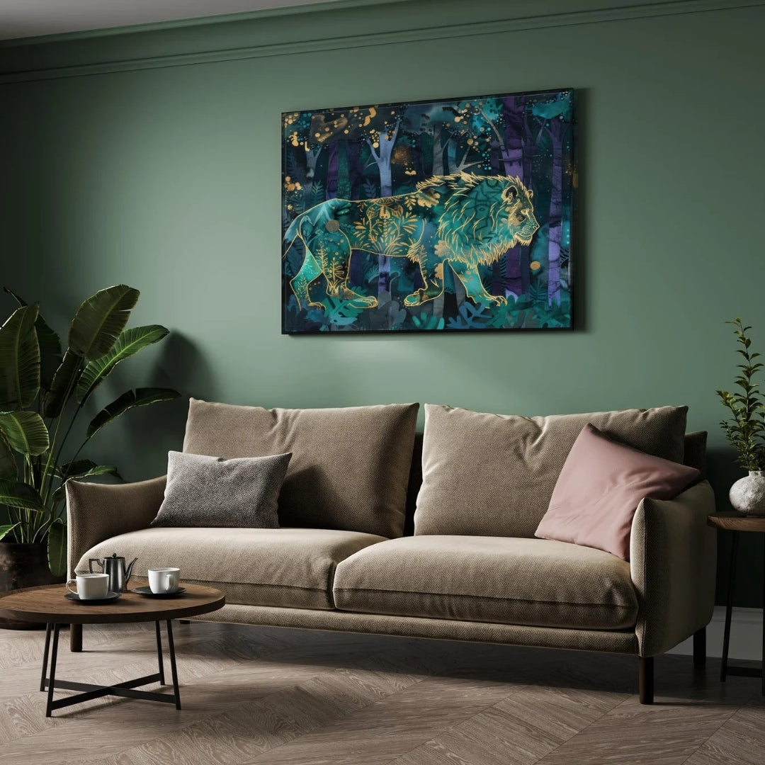 Moonlit Majesty — Lion in Forest Canvas Wall Art 2 : 3 Horizontal Premium Wall Art Canvas by MeriDeewar