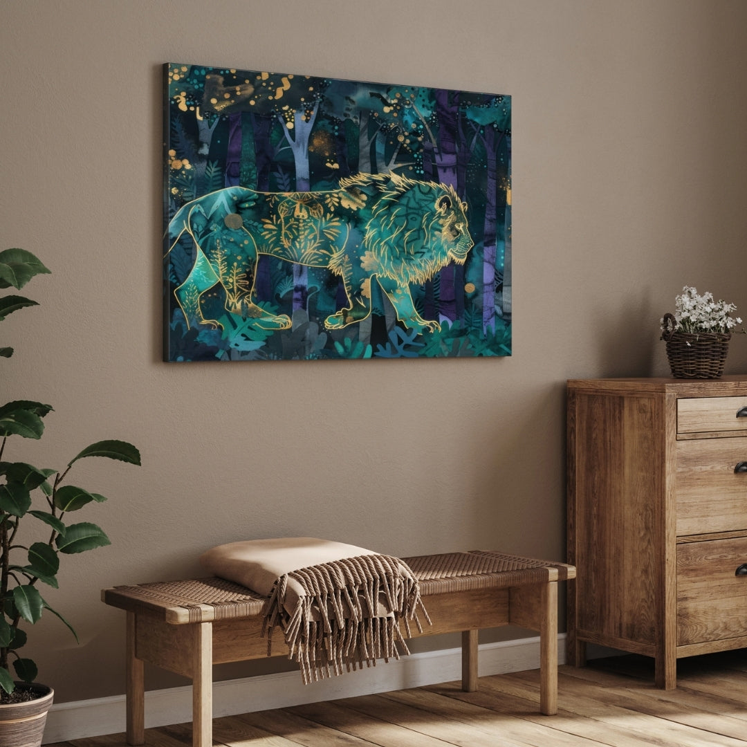 Moonlit Majesty — Lion in Forest Canvas Wall Art 2 : 3 Horizontal Premium Wall Art Canvas by MeriDeewar