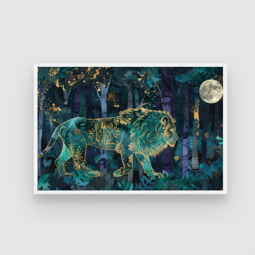 Moonlit Majesty — Lion in Forest Canvas Wall Art 2 : 3 Horizontal Premium Wall Art Canvas by MeriDeewar