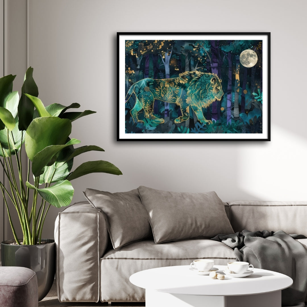 Moonlit Majesty — Lion in Forest Canvas Wall Art 2 : 3 Horizontal Premium Wall Art Canvas by MeriDeewar