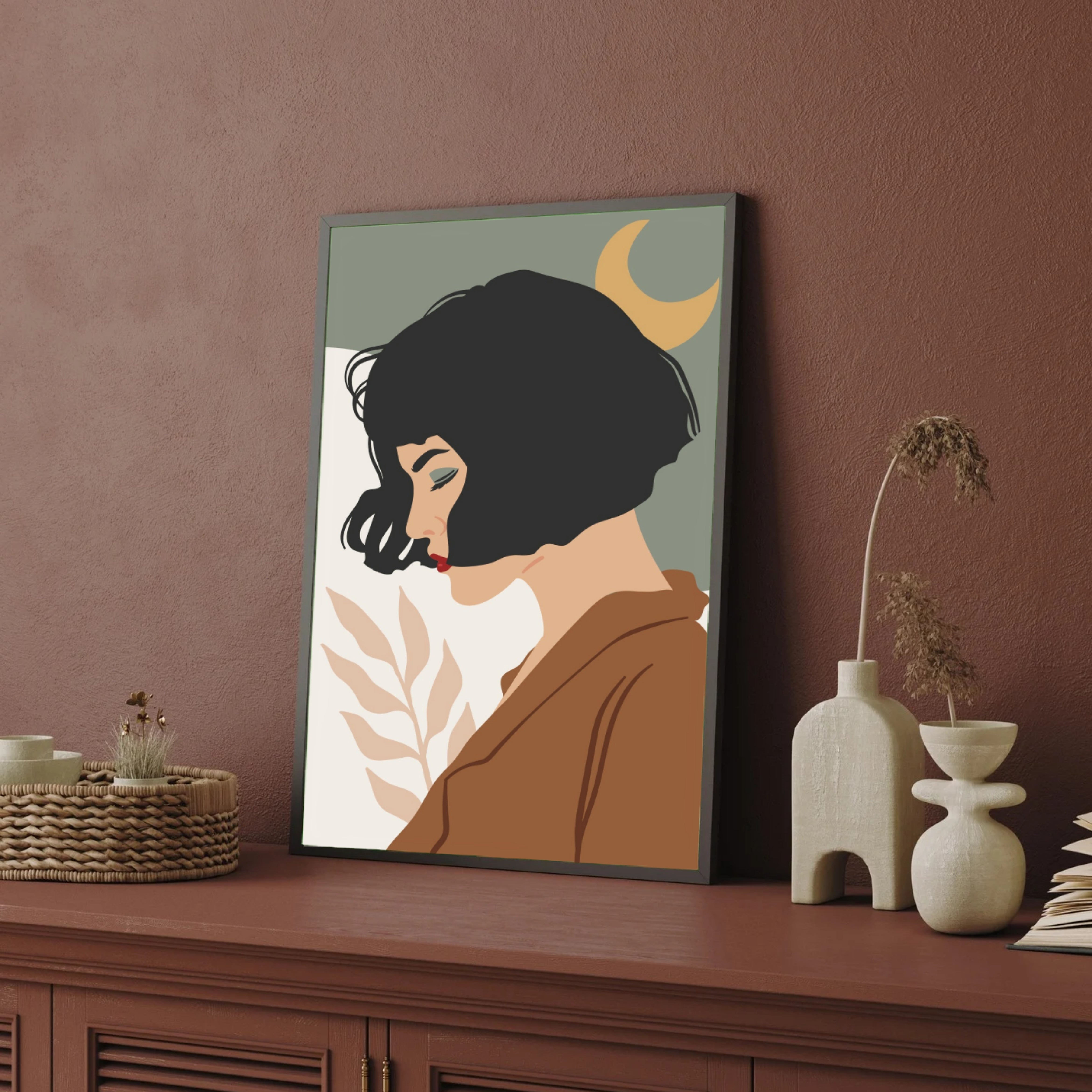 Moonlit Muse – Minimalist Woman Portrait Wall Art Print 2 : 3 Vertical Premium Wall Art Canvas by MeriDeewar