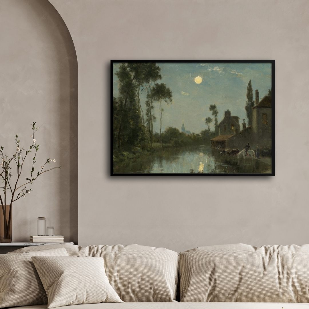 Moonlit River Serenity Canvas – Artistic Wall Decor 2 : 3 Horizontal Premium Wall Art Canvas by MeriDeewar