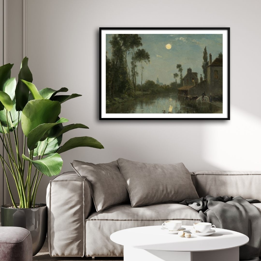 Moonlit River Serenity Canvas – Artistic Wall Decor 2 : 3 Horizontal Premium Wall Art Canvas by MeriDeewar