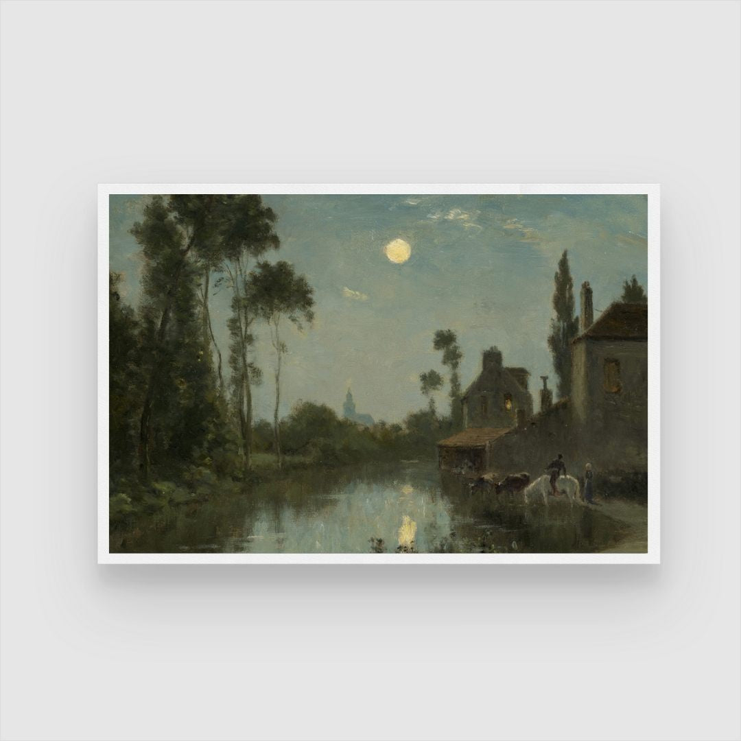 Moonlit River Serenity Canvas – Artistic Wall Decor 2 : 3 Horizontal Premium Wall Art Canvas by MeriDeewar