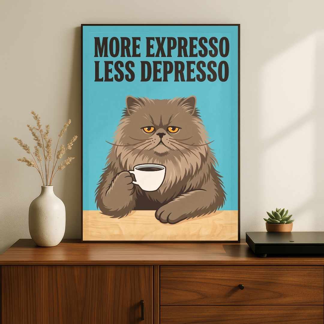 "More Expresso Less Depresso" Funny Cat Coffee Poster | Vertical Borderless Art Frame Poster Premium Wall Art Canvas by MeriDeewar