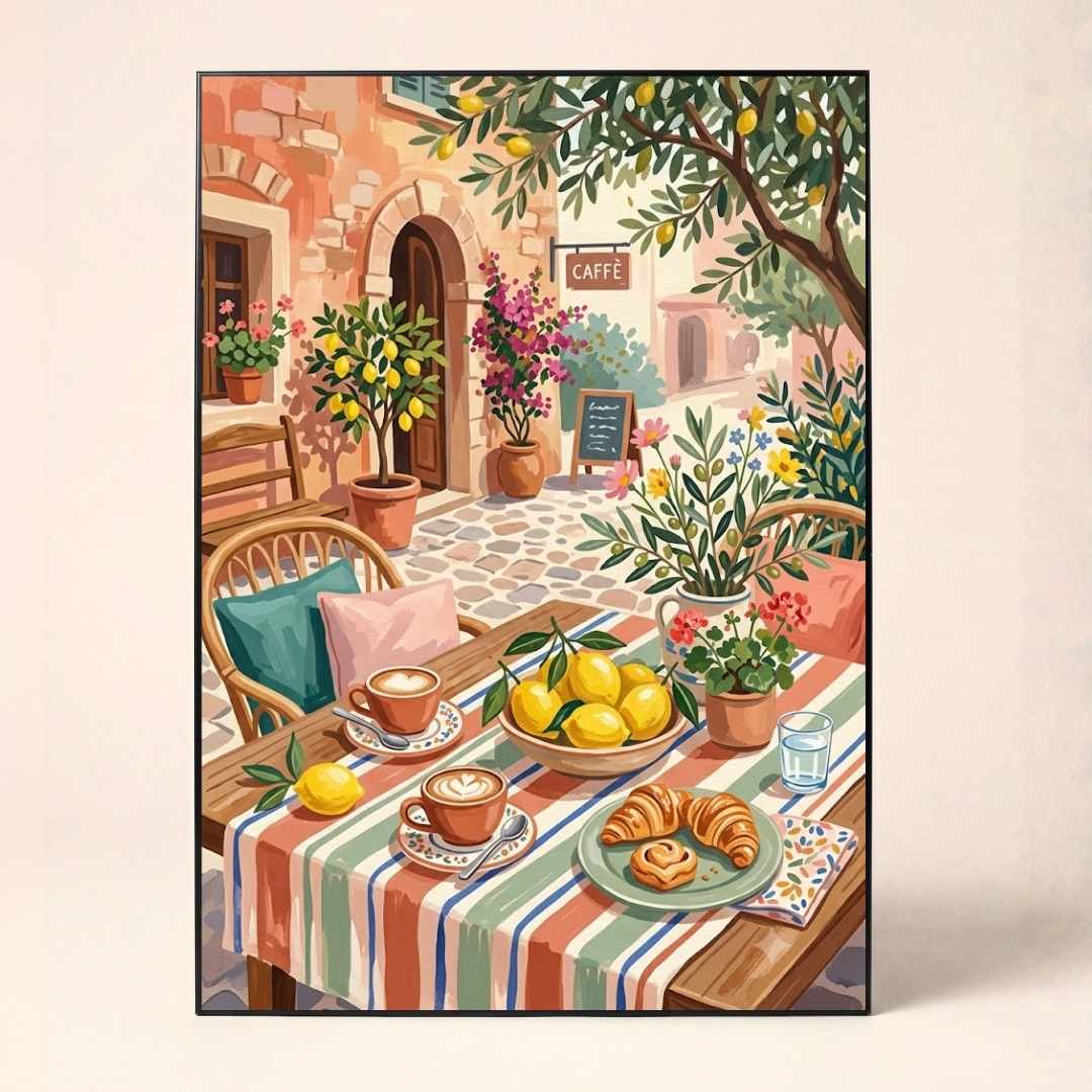 "Morning Cafe"Street Scene Art Poster | Vertical Borderless Art Frame Poster Premium Wall Art Canvas by MeriDeewar