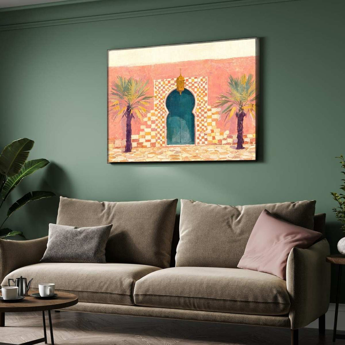 Moroccan Door and Palm Trees Painting | Horizontal Landscape Framed Wall Art 2 : 3 Horizontal Premium Wall Art Canvas by MeriDeewar