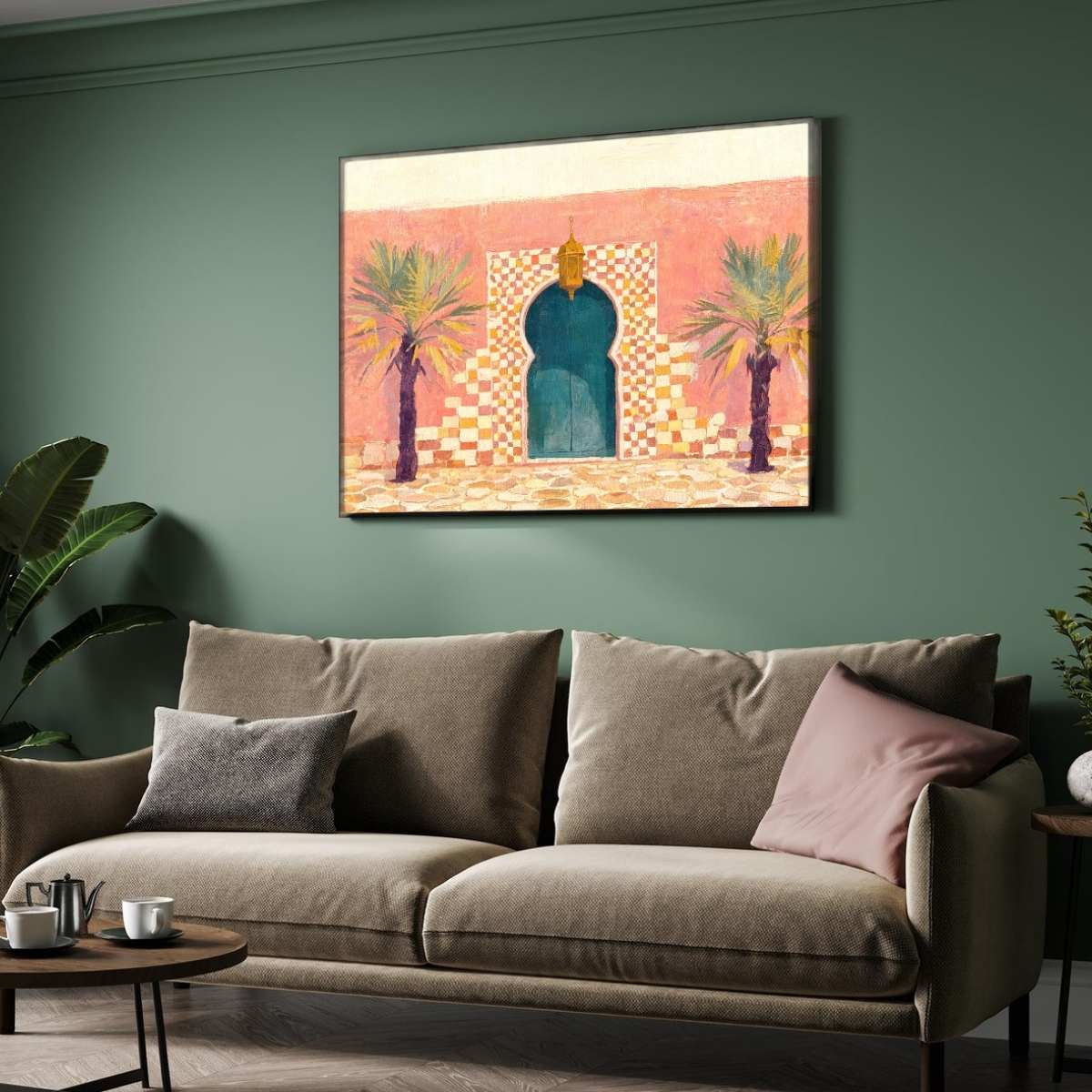 Moroccan Door and Palm Trees Painting | Horizontal Landscape Framed Wall Art 2 : 3 Horizontal Premium Wall Art Canvas by MeriDeewar