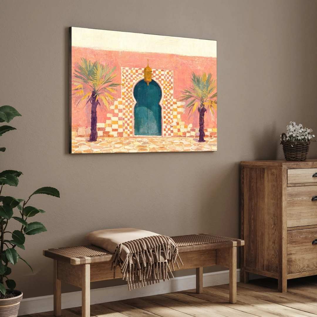 Moroccan Door and Palm Trees Painting | Horizontal Landscape Framed Wall Art 2 : 3 Horizontal Premium Wall Art Canvas by MeriDeewar