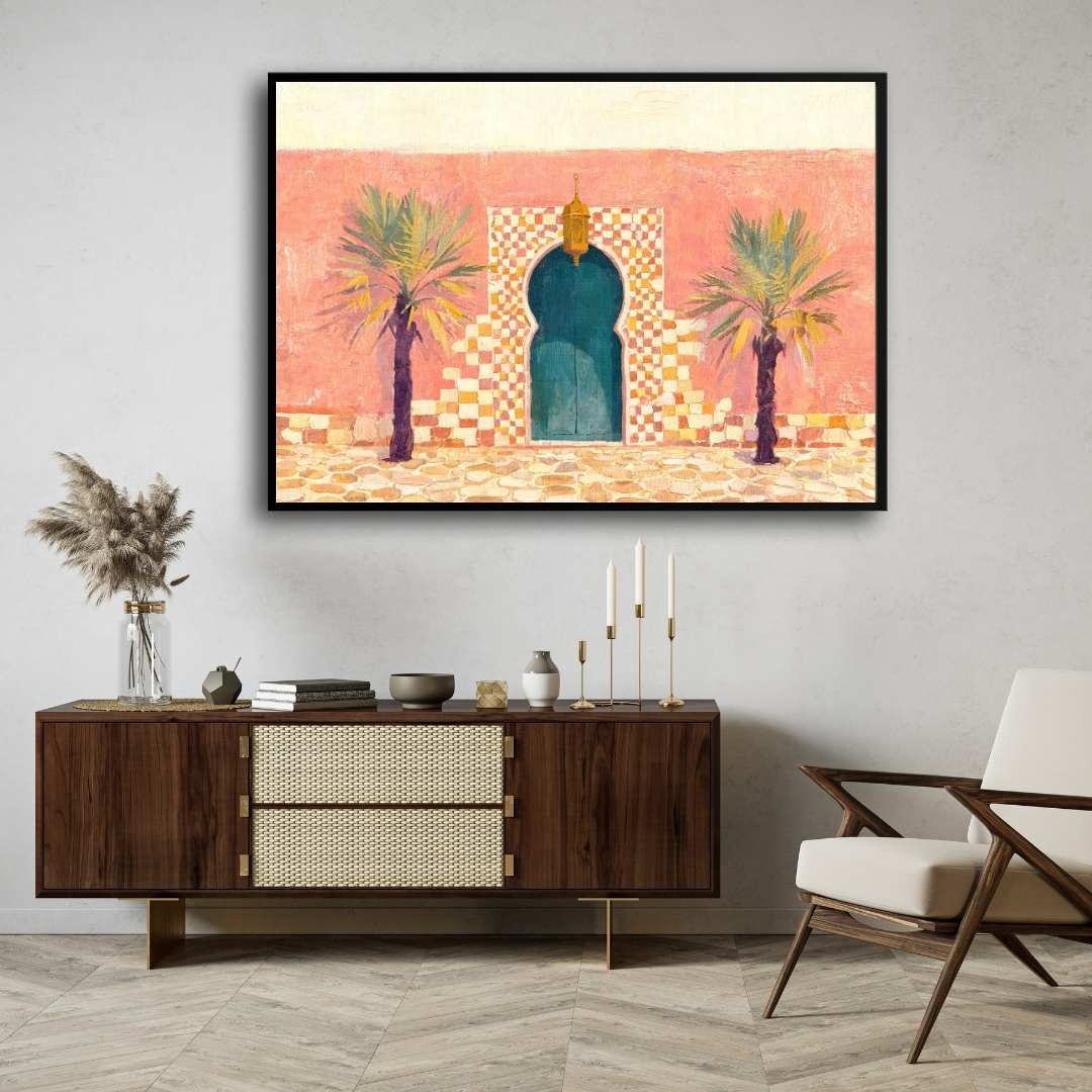 Moroccan Door and Palm Trees Painting | Horizontal Landscape Framed Wall Art 2 : 3 Horizontal Premium Wall Art Canvas by MeriDeewar