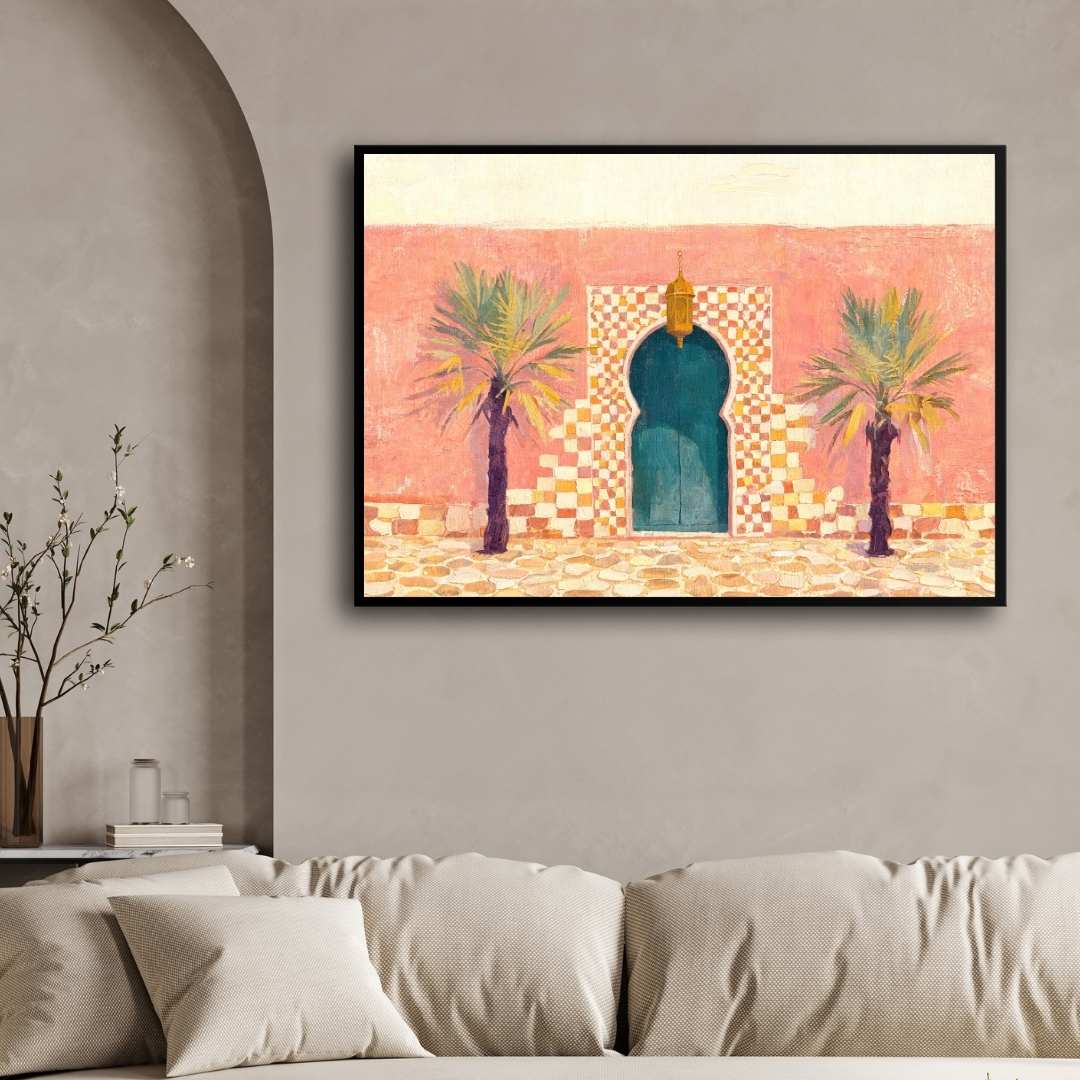 Moroccan Door and Palm Trees Painting | Horizontal Landscape Framed Wall Art 2 : 3 Horizontal Premium Wall Art Canvas by MeriDeewar