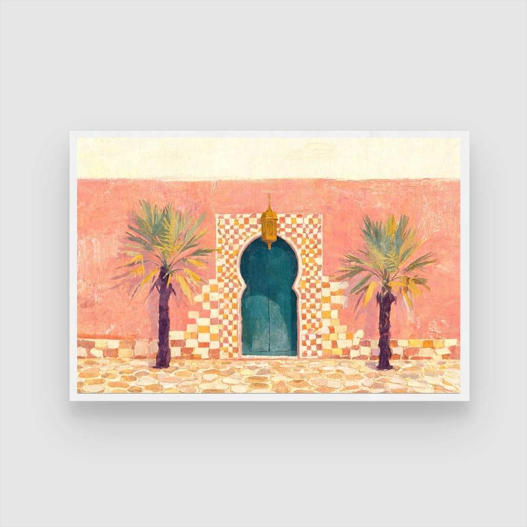Moroccan Door and Palm Trees Painting | Horizontal Landscape Framed Wall Art 2 : 3 Horizontal Premium Wall Art Canvas by MeriDeewar