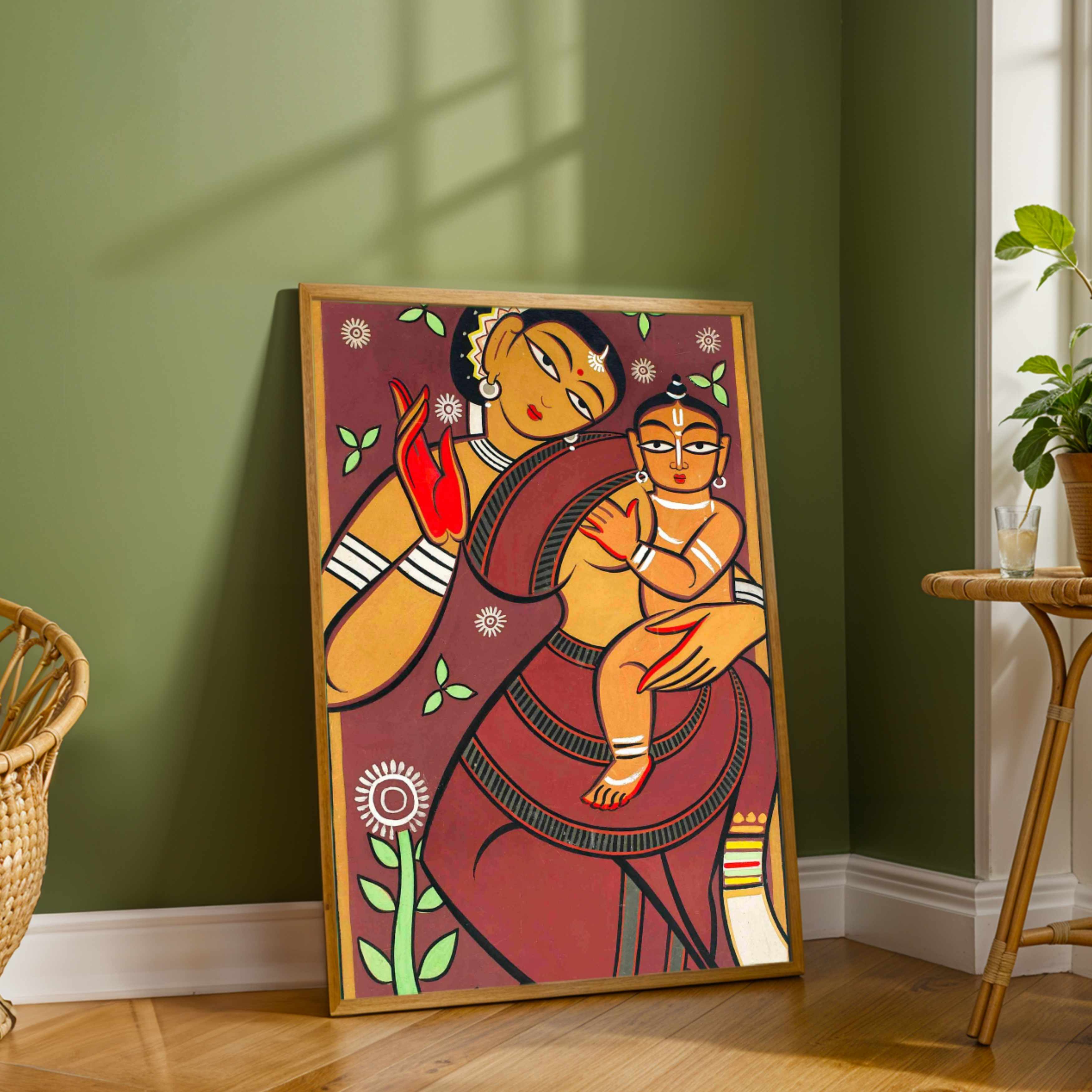 "Mother and Child" Jamini Roy Painting | Fine Art Wall Art 2 : 3 Vertical Premium Wall Art Canvas by MeriDeewar