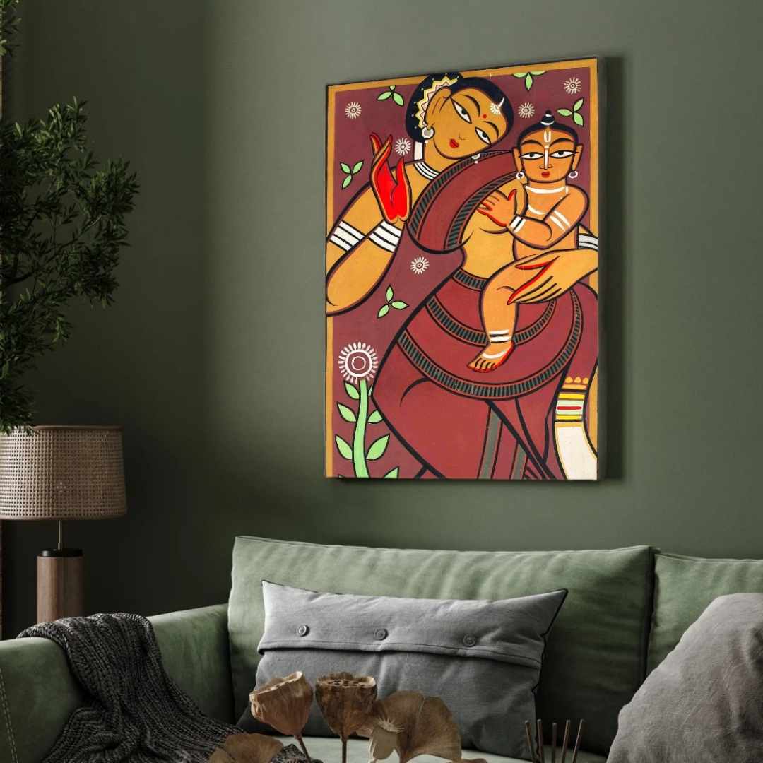 "Mother and Child" Jamini Roy Painting | Fine Art Wall Art 2 : 3 Vertical Premium Wall Art Canvas by MeriDeewar