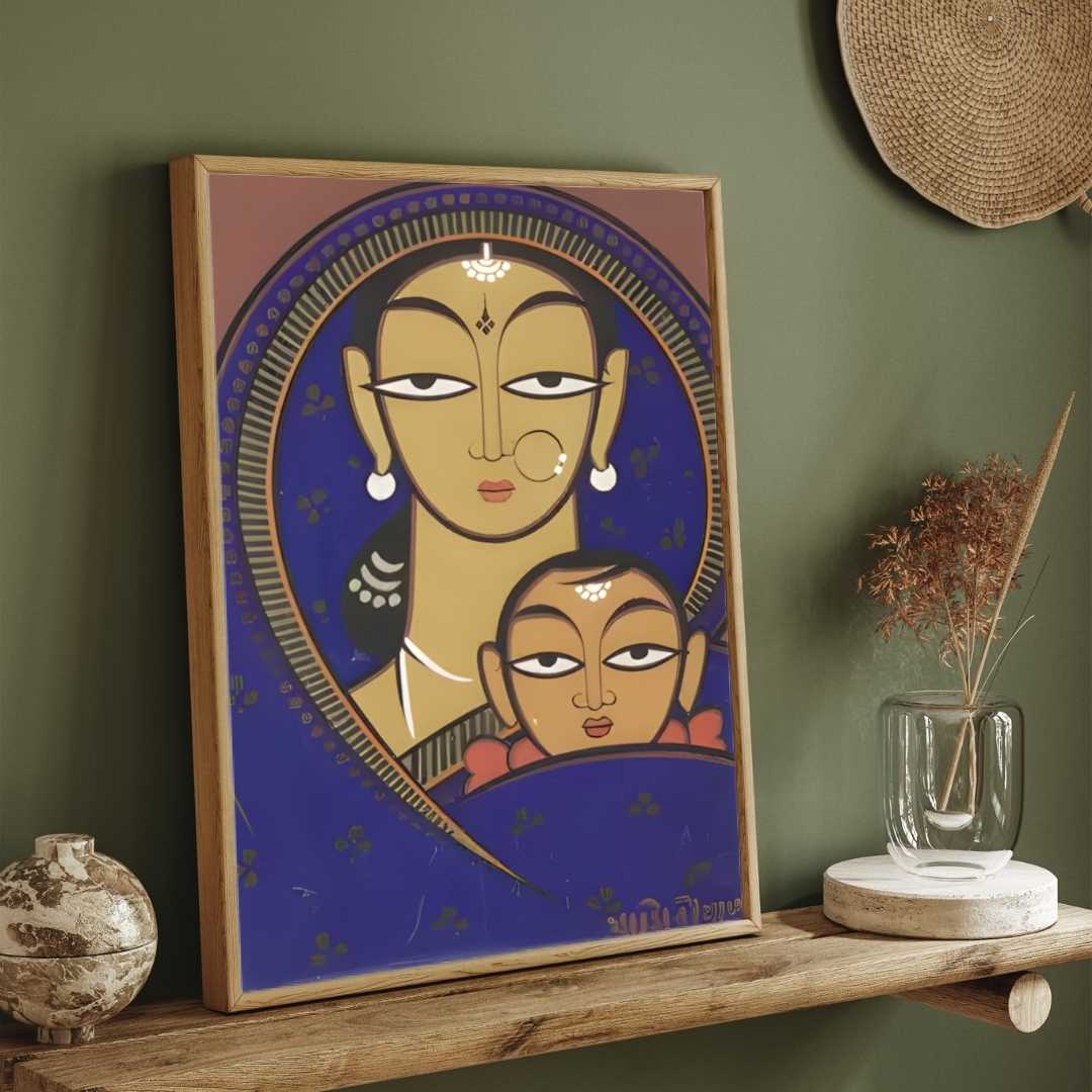 Mother and Child Jamini Roy Painting for Living Room | Indian Folk Art Wall Decor 2 : 3 Vertical Premium Wall Art Canvas by MeriDeewar