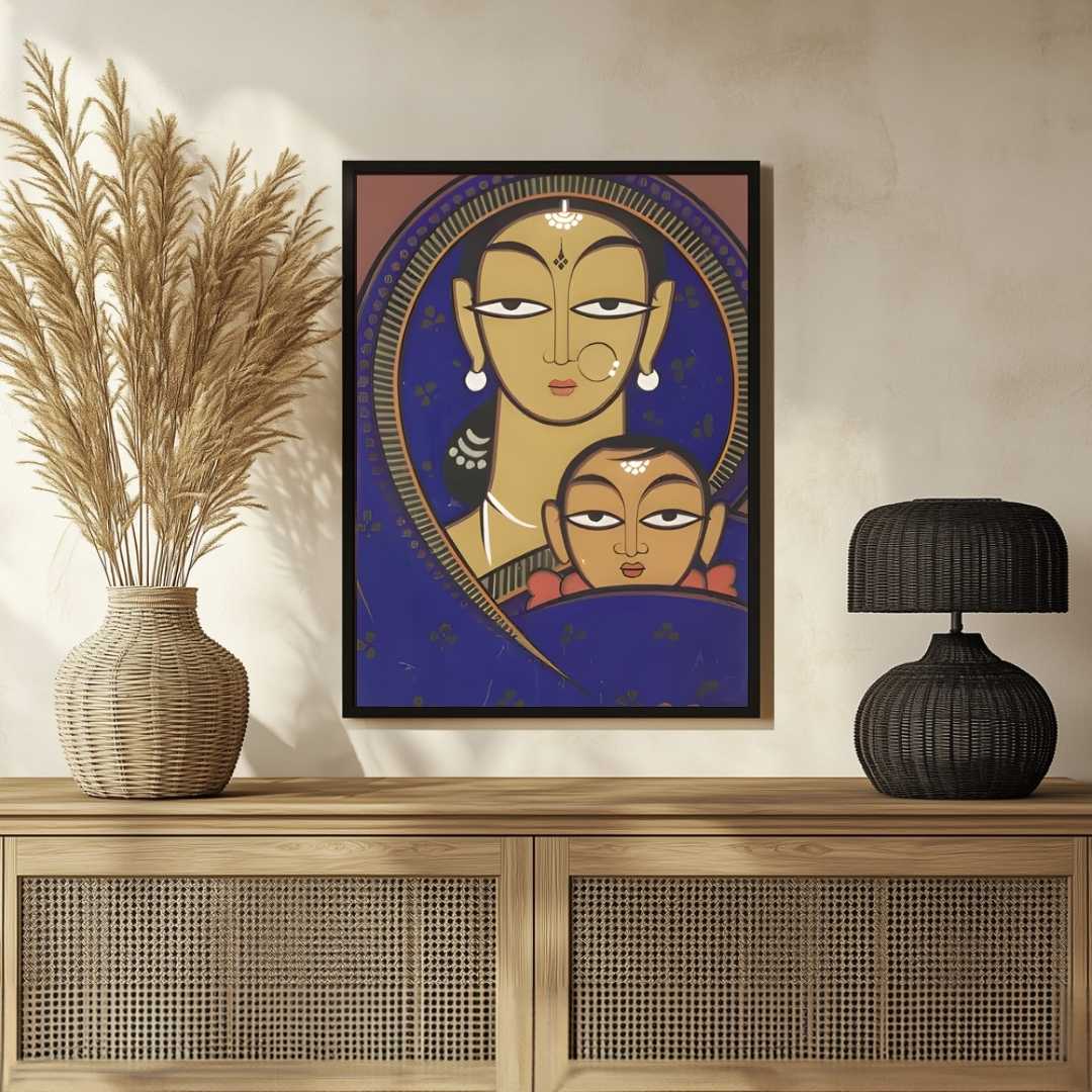 Mother and Child Jamini Roy Painting for Living Room | Indian Folk Art Wall Decor 2 : 3 Vertical Premium Wall Art Canvas by MeriDeewar
