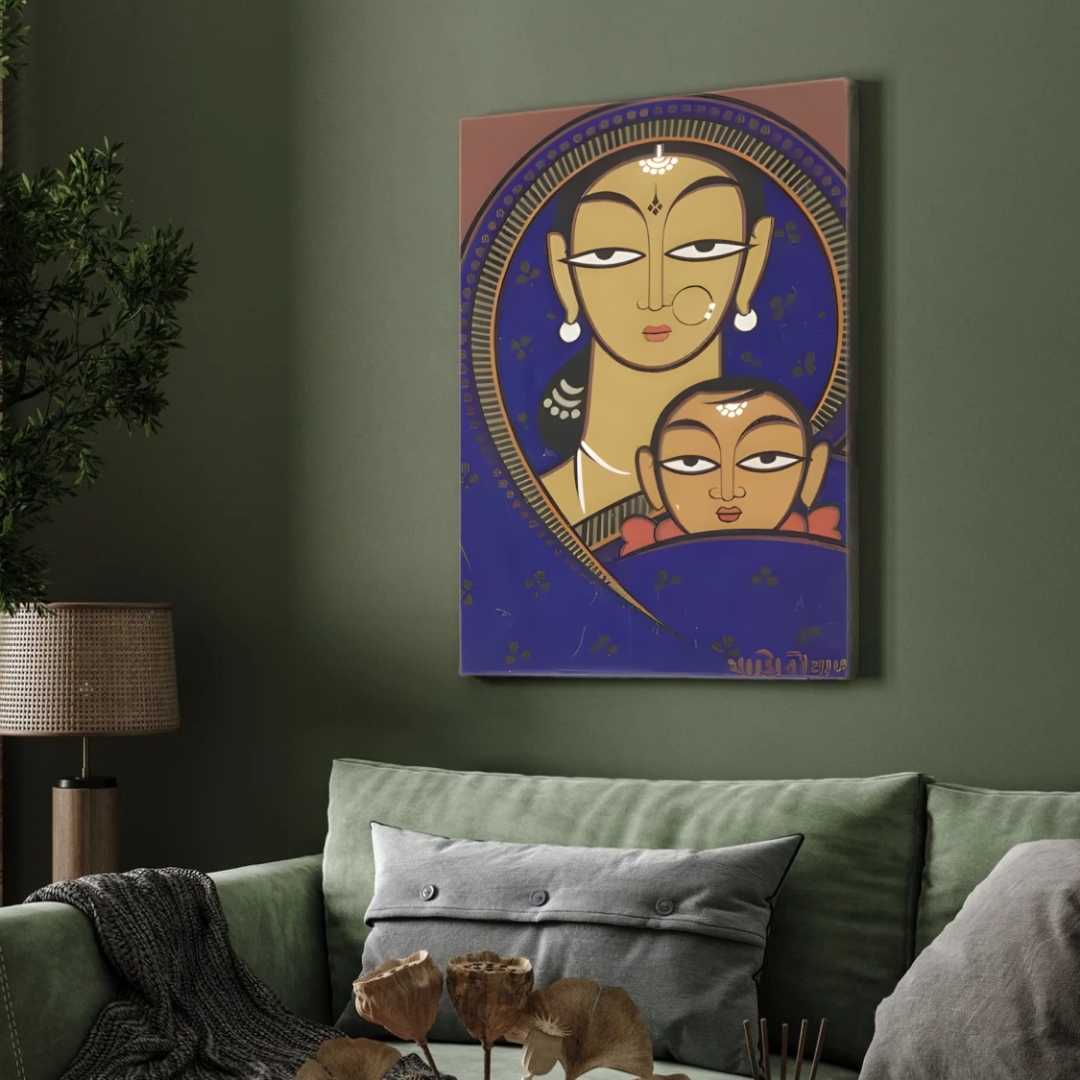 Mother and Child Jamini Roy Painting for Living Room | Indian Folk Art Wall Decor 2 : 3 Vertical Premium Wall Art Canvas by MeriDeewar
