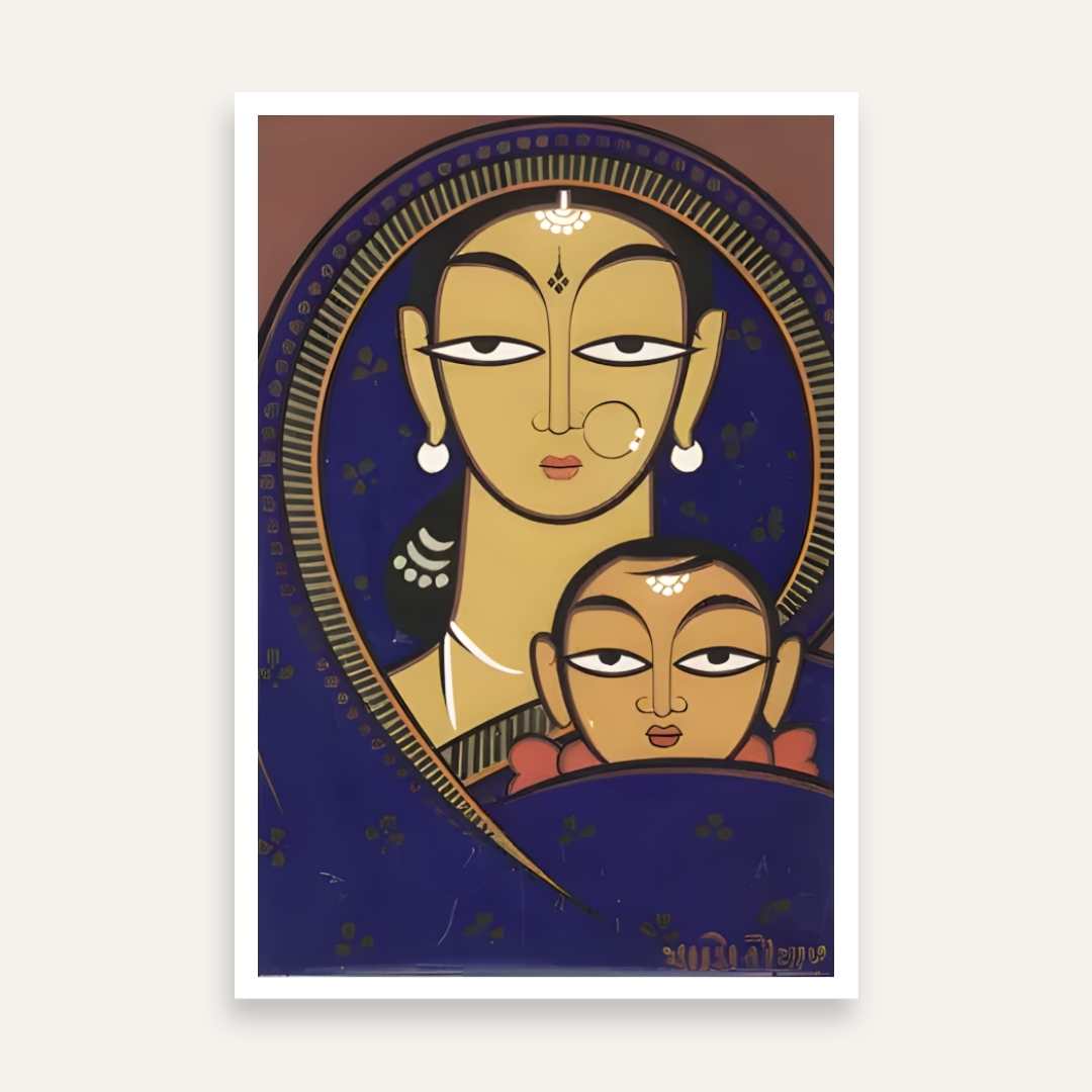 Mother and Child Jamini Roy Painting for Living Room | Indian Folk Art Wall Decor 2 : 3 Vertical Premium Wall Art Canvas by MeriDeewar