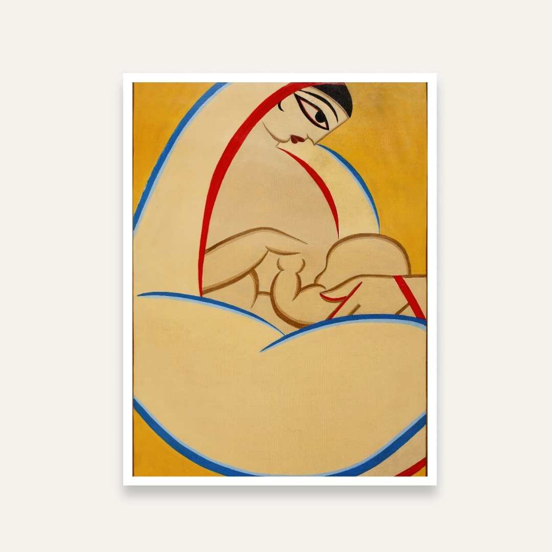 Mother and Child Painting for Living Room | Jamini Roy Inspired Wall Art | Giclée Print 2 : 3 Vertical Premium Wall Art Canvas by MeriDeewar